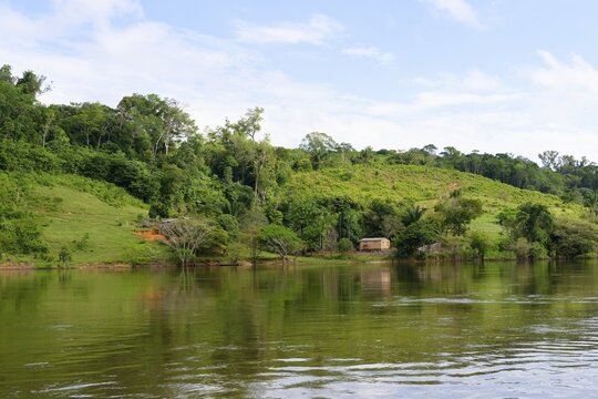 Wooden house on stilts along the Trombetas river, Para state, Brazil