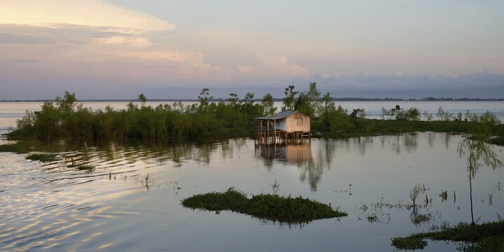 Wooden house on stilts reflecting in a laguna at sunrise, Amazonas state, Brazil