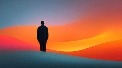 Obraz premium Man in Formal Attire Standing Against Colorful Abstract Background with Warm and Cool Tones, Representing Reflection and Contemplation 170 Characters