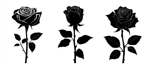Black rose silhouettes, detailed floral stems and leaves in monochrome design