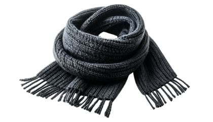 Knitted gray scarf, coiled and lying flat, with fringed ends, against black background
