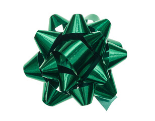 A close-up of a shiny, green gift bow with a glossy finish set against a black backdrop