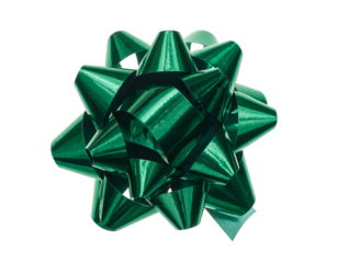 A close-up of a shiny, green gift bow with a glossy finish set against a black backdrop
