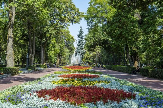 Flower bed in Panfilov Park, municipal park in Bishkek, Kyrgyzstan