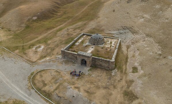 Aerial view, caravanserai of Tash Rabat from the 15th century, Naryn region, Kyrgyzstan