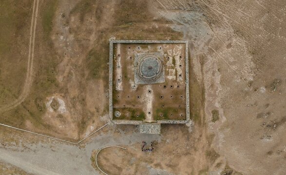 Aerial view, looking down on the caravanserai of Tash Rabat from the 15th century, Naryn region, Kyrgyzstan