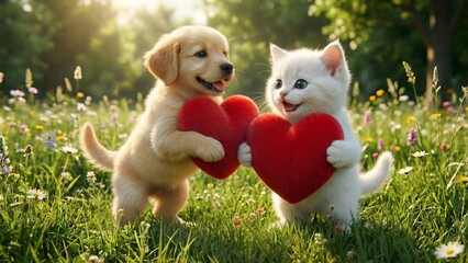 Cute golden retriever puppy and small white kitten holding large red plush hearts while standing in a beautiful blooming flower field under bright sunlight for love and friendship concept