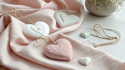A delicate arrangement of handmade heart ornaments on a soft pink fabric with a vase of flowers in the background