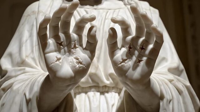 Statue of woman showing stigmata wounds on hands, revealing scars of faith and devotion during holy week.