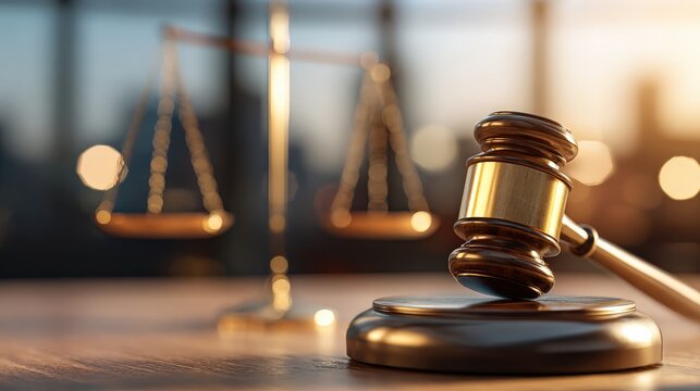 A close-up of a gavel resting on a desk, with a blurred balance scale in the background, symbolizing justice and the legal system.