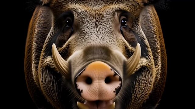 A fierce wild boar with impressive tusks stares intensely forward in a dramatic close-up against a dark background.