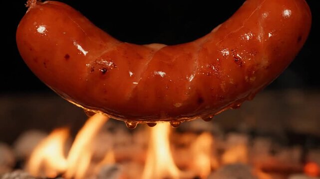 Close-up of sausage grilling over open fire and hot charcoal