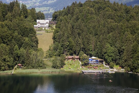 Freibergsee with lido, view from the Heini-Klopfer ski jump, Oberstdorf, Oberallg&auml;u, Allg&auml;u, Bavaria, Germany