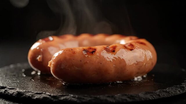 Steaming Grilled Sausage on Black Slate Appetizing Hot Meat Dish