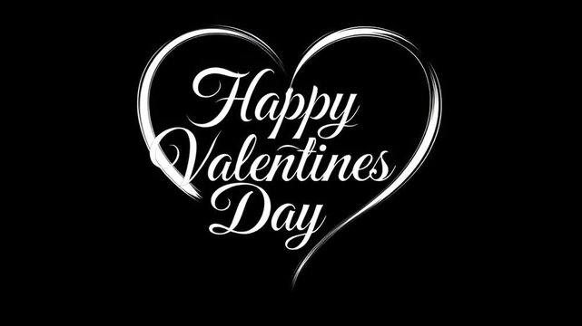 Elegant white cursive text spells "Happy Valentine's Day" with a heart flourish on a black background.
