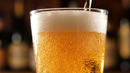 A refreshing golden lager beer is expertly poured into a clear glass creating a frothy white head and effervescent bubbles capturing the essence of a perfect pour in a vibrant bar or pub setting read. - Powered by Adobe