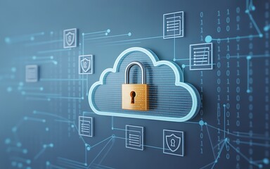 Cloud computing security concept with padlock on blue background