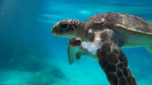 Graceful Sea Turtles Swimming in Turquoise Ocean Waters Cinematic Dynamic Footage Tropical Wildlife Marine Animals Underwater World 4k