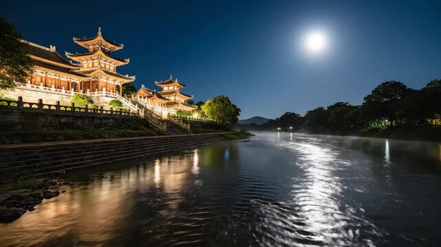 Dramatic long exposure of illuminated chinese temple architecture reflecting in the wide river under a bright full moon.