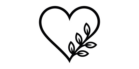 Minimal Heart with Leaf Branch Line Art &ndash; Elegant Romantic Love Illustration