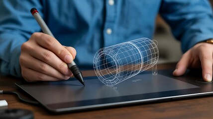 A person designing a 3d wireframe model using a stylus on a drawing tablet