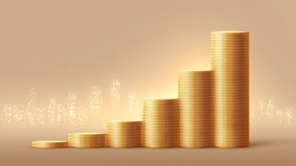 Stacks of Gold Coins Representing Financial Growth and Investment Success in a Digital Economy with Glowing Background and Soft Lighting Effects