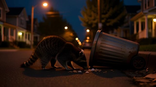 A curious raccoon investigates an overturned garbage can on a quiet residential street under the dim glow of a streetlamp at night.