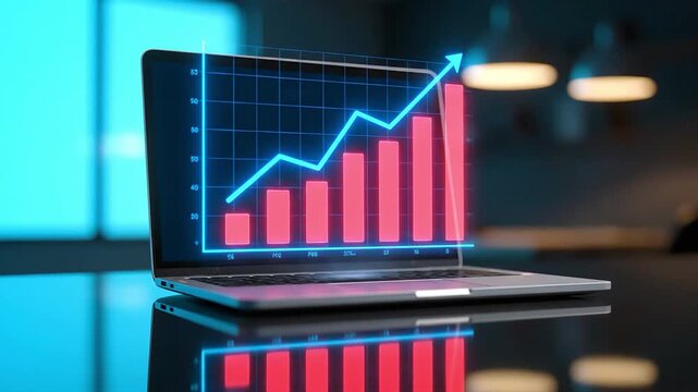 Laptop screen displaying a rising bar graph with an upward trending arrow indicating financial growth and positive economic progress