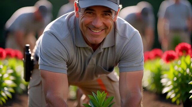 A smiling, focused male gardener wearing a cap enthusiastically plants a small green sapling in freshly turned soil, surrounded by new plants.