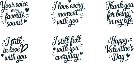 Romantic Handwritten Love Quotes Typography Set for Valentine&rsquo;s Day with Heart Accents