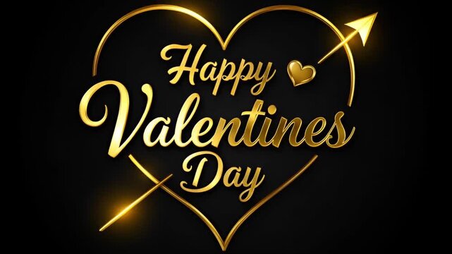 Golden "Happy Valentine's Day" calligraphy is elegantly inscribed within a shimmering heart outline, pierced by a glowing arrow.