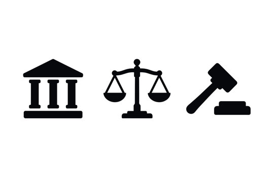 Black silhouettes of court symbols gavel, scales, and courthouse icon set