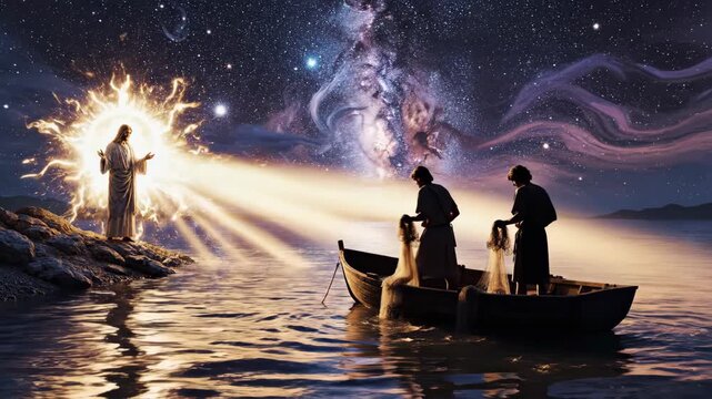 Jesus calling fishermen with divine light, a spiritual journey on water under a cosmic sky for faith and evangelism concept
