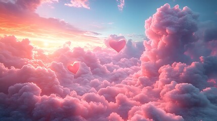 Two lovely pink heart balloons gently float above soft clouds at a serene golden sunset