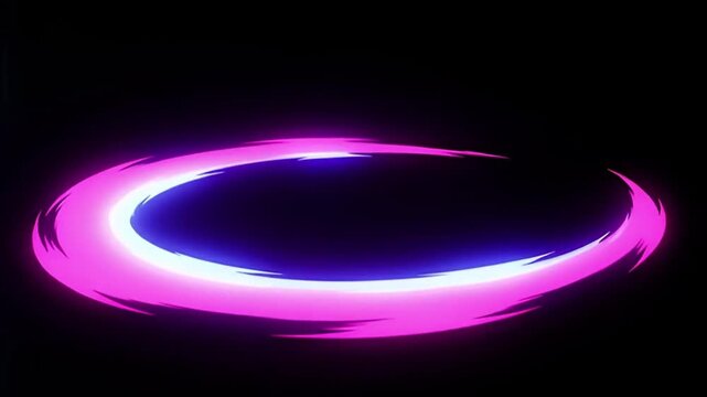 A dynamic, glowing oval shape in vibrant pink and blue neon colors creates a futuristic, energetic light streak on black.