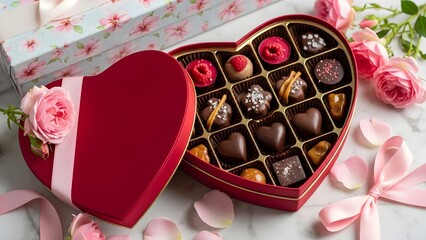 Heart-shaped box of chocolates surrounded by roses