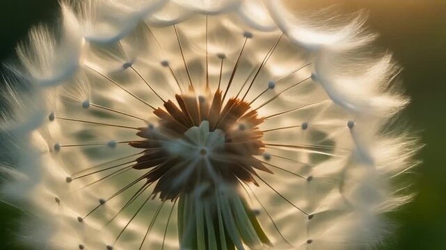A dandelion seed head with delicate white seeds dispersing in the air, captured in a close-up macro view, showcasing nature's intricate details.