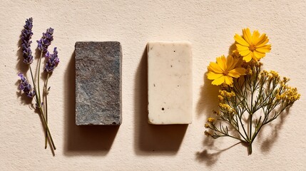 Two soaps framed by lavender & yellow flowers, bathed in warm sunlight