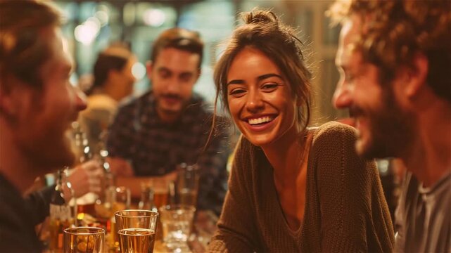 Friends laughing and enjoying drinks together at a dimly lit restaurant or bar