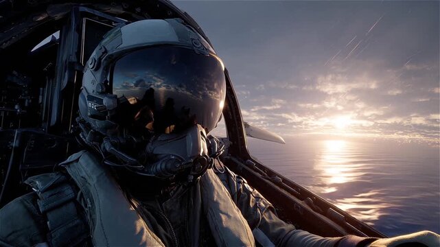 Pilot in fighter jet cockpit during sunset flight over ocean with contrails visible