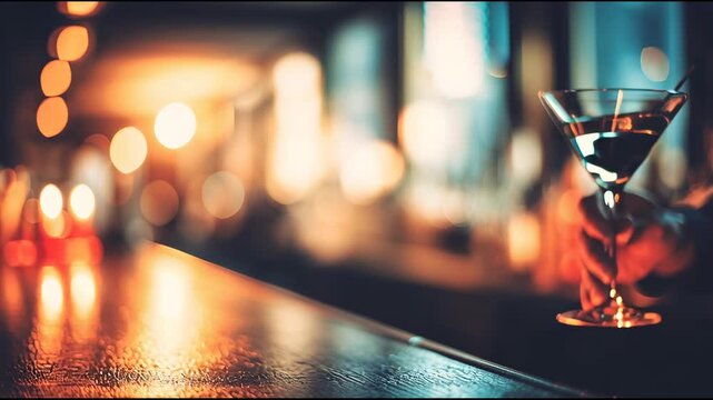 Hand Pours Drink Into Glass at Bar in Evening, Showing the Process of Mixing and Serving a Cocktail in a Dimly Lit Setting