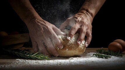 Artisan's Touch: A close-up of skilled hands kneading dough, flour dusting the air, creating a sensory feast of texture and tradition.
