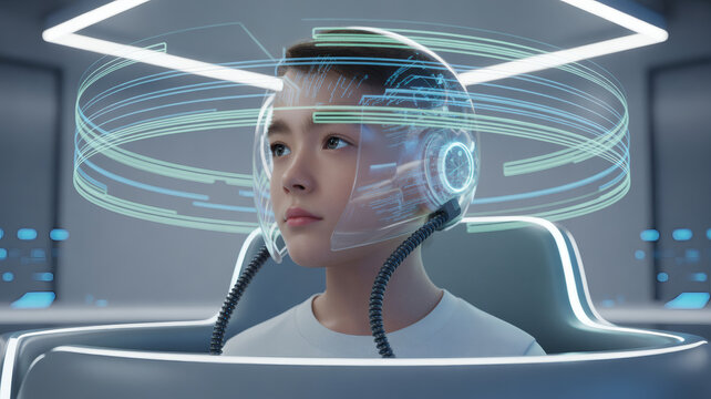 Futuristic child wearing advanced augmented reality headset with glowing holographic data interface - Powered by Adobe
