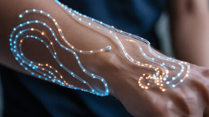 Futuristic glowing electronic circuits on human skin, bio-integrated technology, augmented reality concept, cyborg