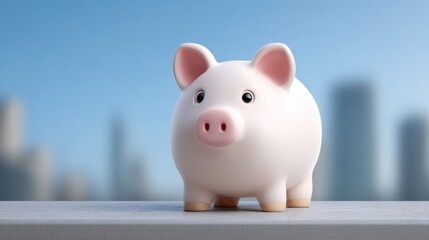 Cute cartoon piggy bank on a ledge with a soft-focus city skyline in the background representing saving money, finance, and investment concepts