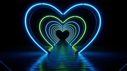 A mesmerizing tunnel of glowing neon hearts in vibrant green and blue hues, creating a captivating digital path. - Powered by Adobe