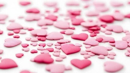 Scattered pink hearts on white background