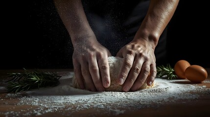Hands Crafting: A skilled chef meticulously kneads dough with practiced hands, transforming simple ingredients into culinary potential.
