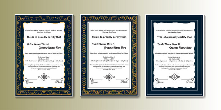 Elegant Muslim Nikah Certificate Template and Islamic Marriage Certificate Design 