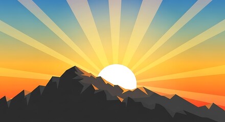 Sunrise over mountain range landscape illustration.